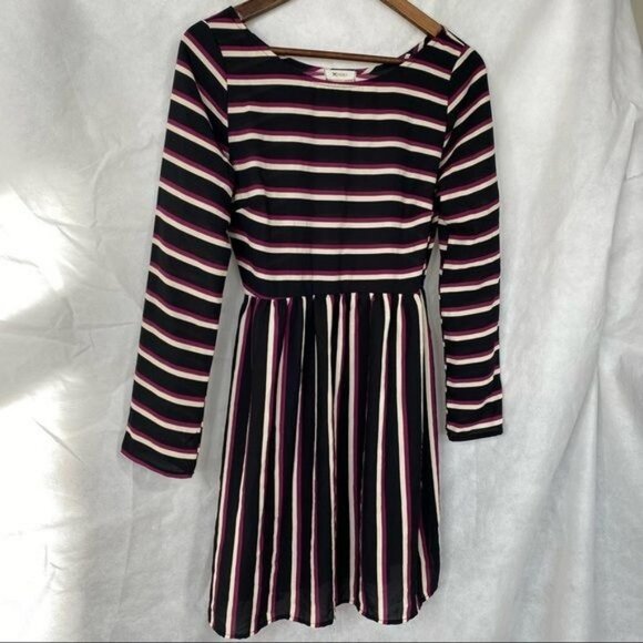 Everly Black Striped Long Sleeve Purple Off white Long sleeve Mini Dress Size S - Picture 6 of 10